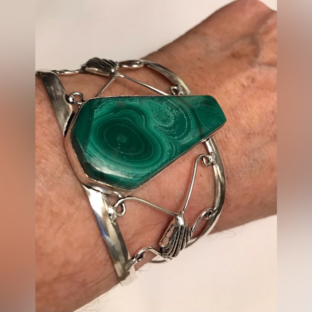 Malachite Stamped 925 Sterling Silver Cuff Bracelet
